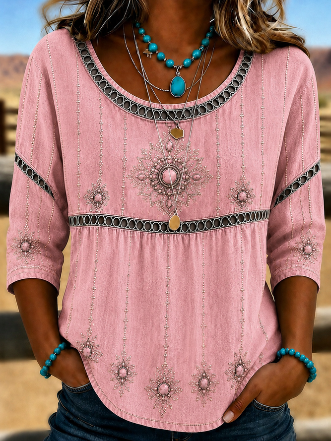 Side view of Women Floral Vintage Blouses Crew Neck Half Sleeve Summer Top