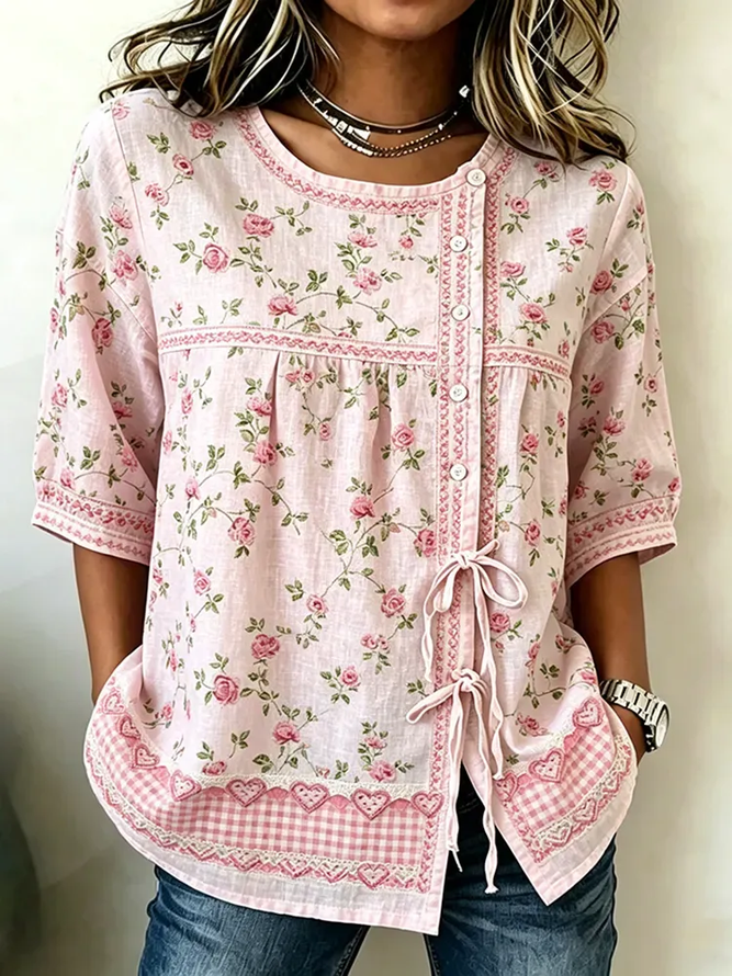 Women Floral Vintage Shirts Crew Neck Half Sleeve Summer Top-image-17150697