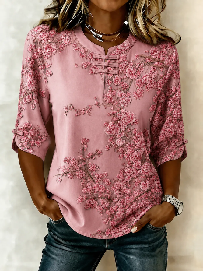 Side view of Women Floral Vintage Blouses Mandarin Collar Printing Half Sleeve Summer Top
