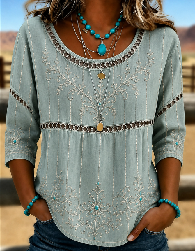 Side view of Women Floral Vintage Blouses Crew Neck Half Sleeve Summer Top