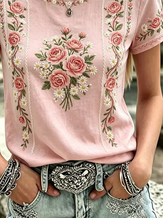 Side view of Women Floral Casual Short Sleeve Tee T-shirt Crew Neck Summer Printing Graphic Tee Top