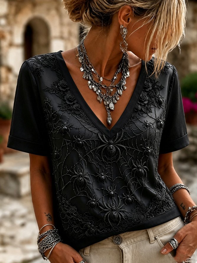 Women 3D Printing Vintage Short Sleeve Tee T-shirt V Neck Summer Top-image-17150474