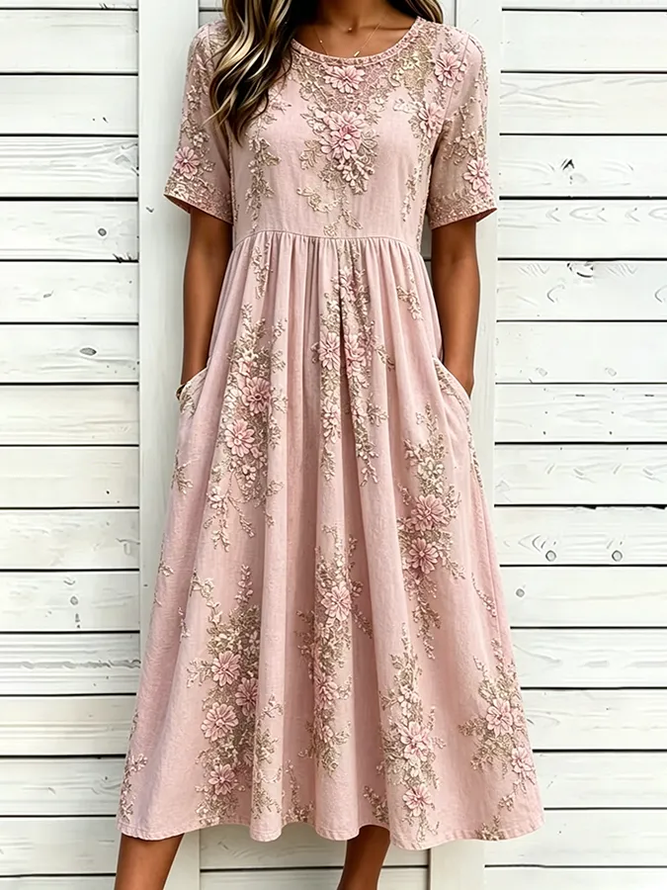 Women Floral H-Line Maxi Crew Neck Casual Summer Daily Dress-image-17150811