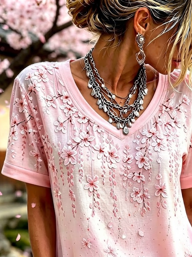 Side view of Women Floral Vintage Short Sleeve Tee T-shirt V Neck Summer Printing Top