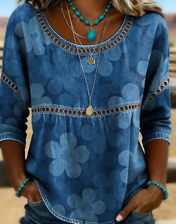 Side view of Women Floral Vintage Blouses Crew Neck Half Sleeve Summer Top