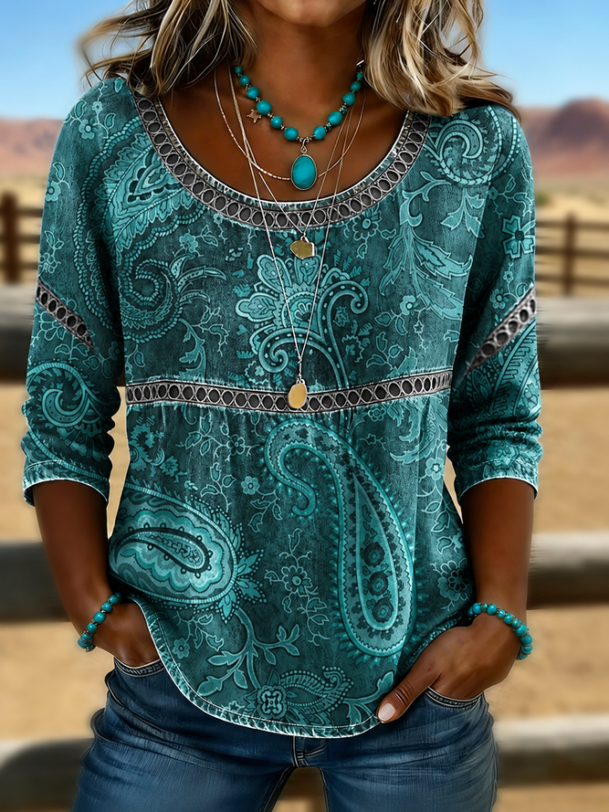 Women Floral Vintage Blouses Crew Neck Half Sleeve Summer Top-image-17150558
