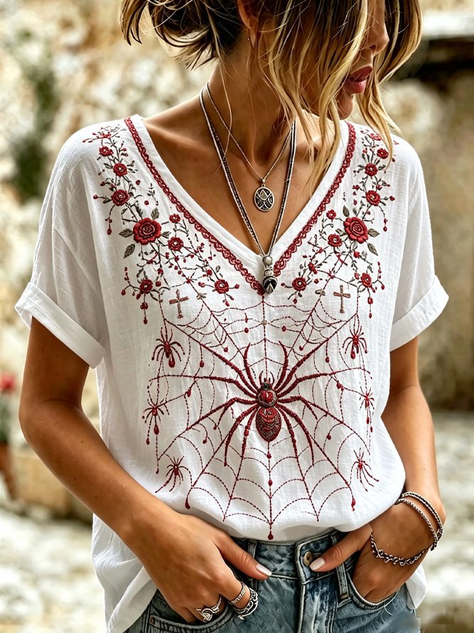 Side view of Women 3D Printing Vintage Short Sleeve Tee T-shirt V Neck Summer Top