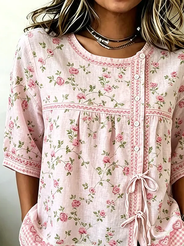 Side view of Women Floral Vintage Shirts Crew Neck Half Sleeve Summer Top