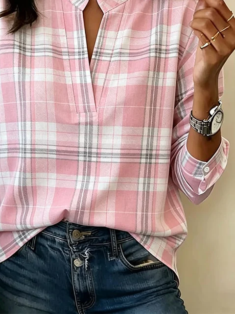 Side view of Women Plaid Vintage Blouses V Neck Printing Long Sleeve Spring/Fall Top