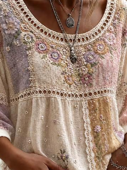 Side view of Women Floral Vintage Blouses Crew Neck Half Sleeve Summer Top
