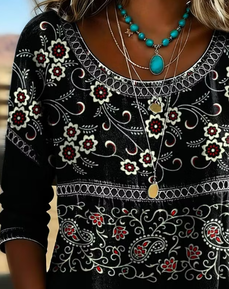 Side view of Women Floral Vintage Blouses Crew Neck Half Sleeve Summer Top
