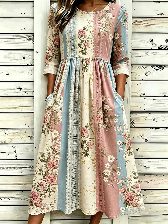 Women Floral H-Line Maxi Crew Neck Casual Summer Daily Dress-image-17150817