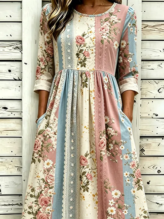 Side view of Women Floral H-Line Maxi Crew Neck Casual Summer Daily Dress