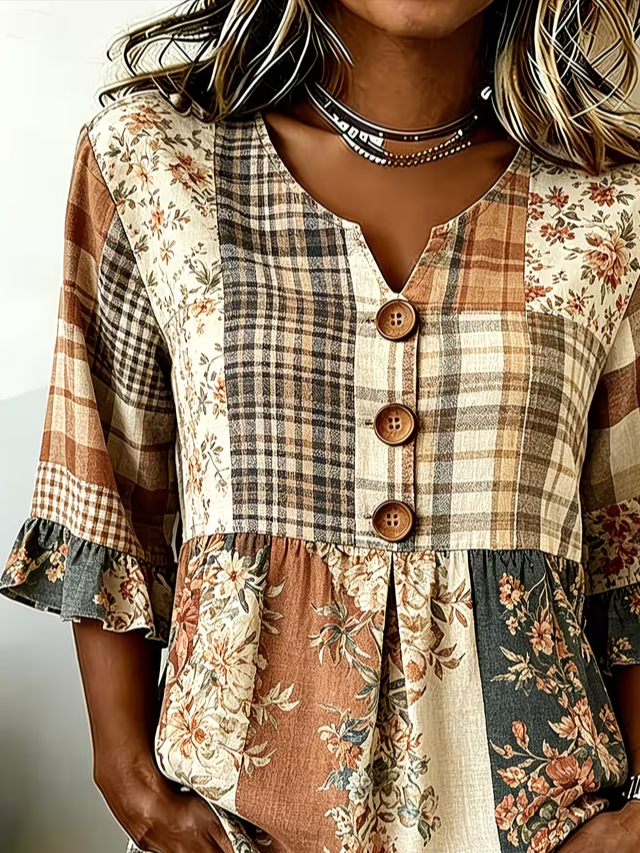 Side view of Women Floral Vintage Blouses V Neck Printing Half Sleeve Summer Top