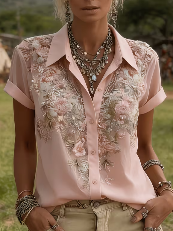 Side view of Women Floral Casual Shirts Shirt Collar Printing Button Up Shirt Short Sleeve Summer Top