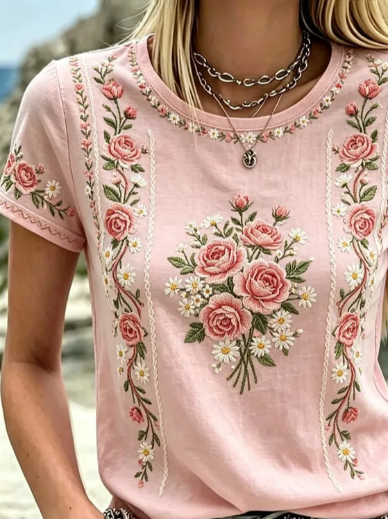 Side view of Women Floral Casual Short Sleeve Tee T-shirt Crew Neck Summer Printing Graphic Tee Top