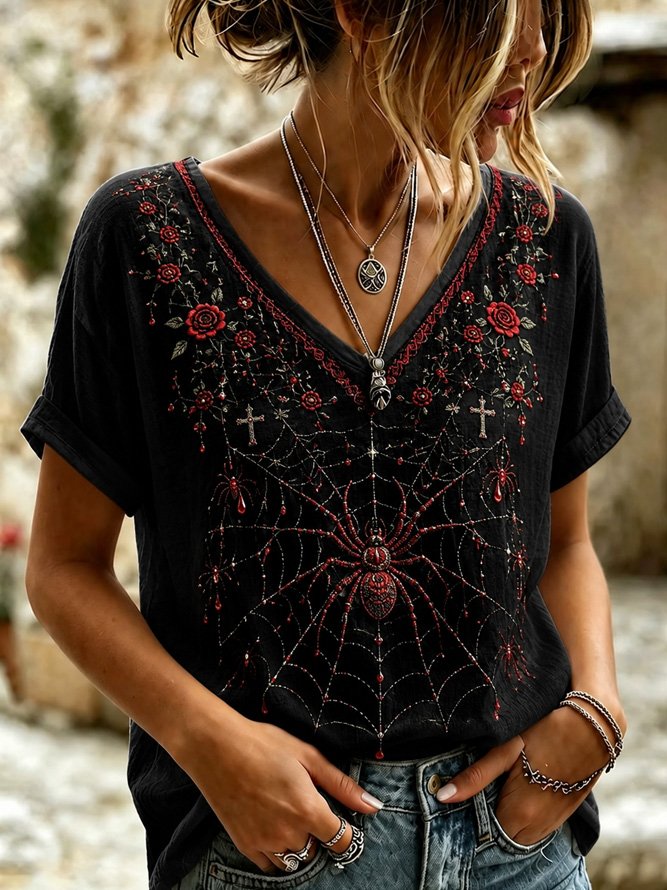 Women 3D Printing Vintage Short Sleeve Tee T-shirt V Neck Summer Top-image-17150468