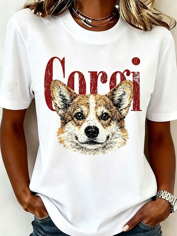 Side view of Women Dog Casual Short Sleeve Tee T-shirt Crew Neck Summer Top