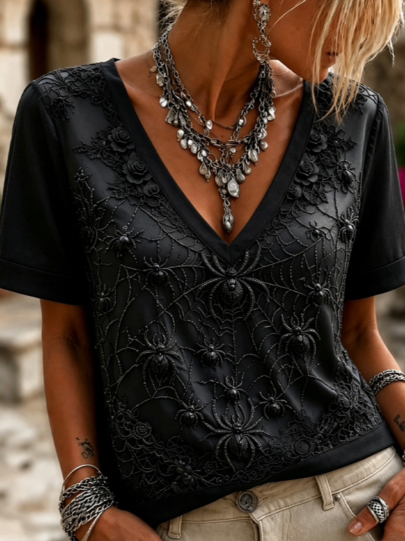 Side view of Women 3D Printing Vintage Short Sleeve Tee T-shirt V Neck Summer Top