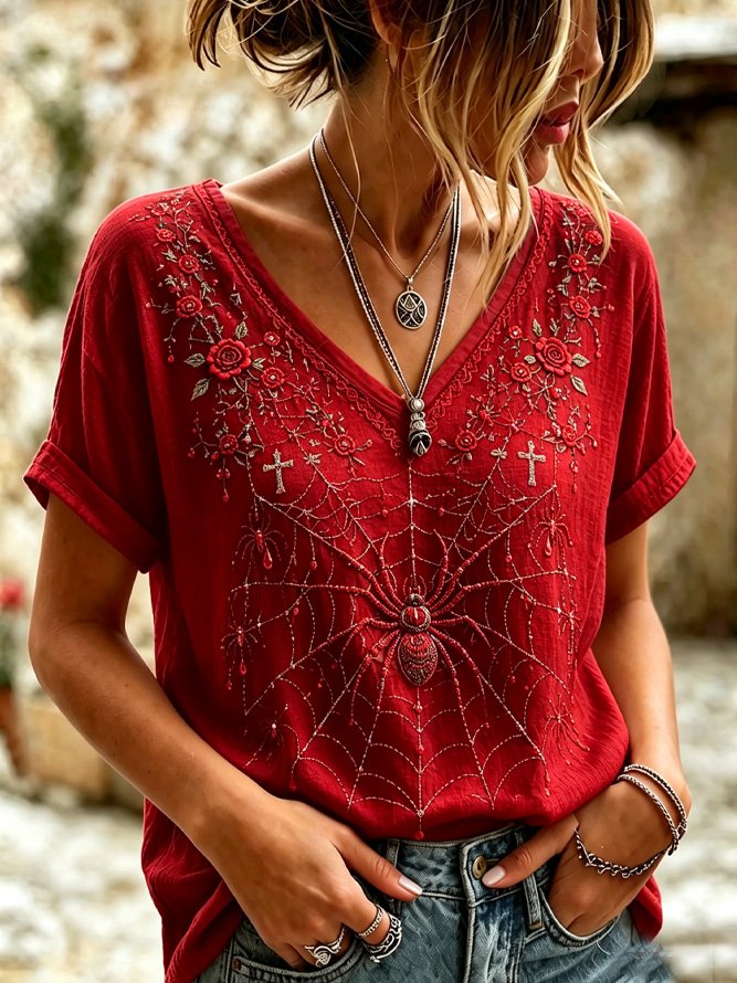 Side view of Women 3D Printing Vintage Short Sleeve Tee T-shirt V Neck Summer Top