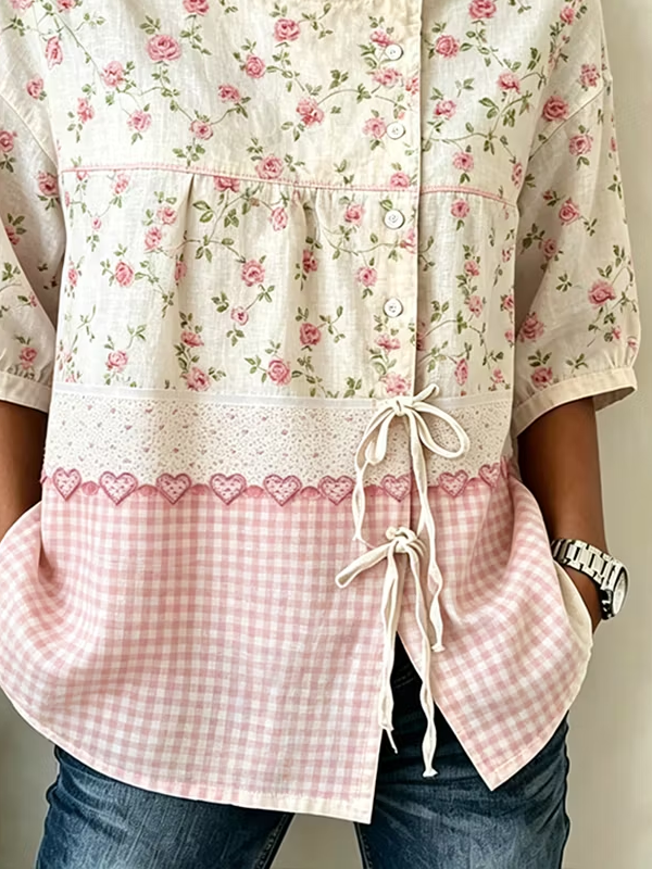 Side view of Women Floral Vintage Shirts Crew Neck Half Sleeve Summer Top