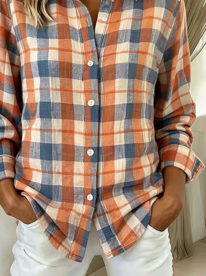 Side view of Women Plaid Casual Shirts Shirt Collar Buckle Button Up Shirt Long Sleeve Spring/Fall Top