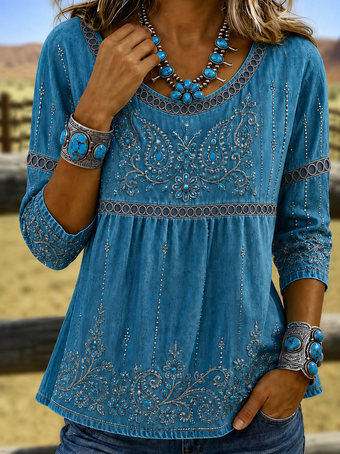 Women Floral Vintage Blouses Crew Neck Half Sleeve Summer Top-image-17150540