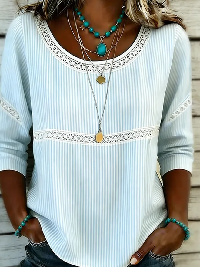 Side view of Women Striped Vintage Blouses Crew Neck Half Sleeve Summer Top