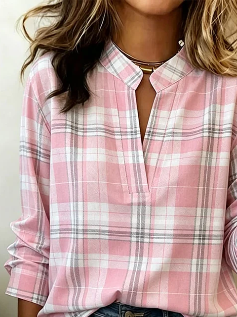 Side view of Women Plaid Vintage Blouses V Neck Printing Long Sleeve Spring/Fall Top