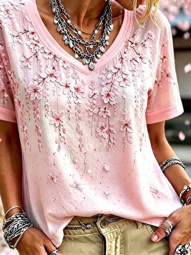 Side view of Women Floral Vintage Short Sleeve Tee T-shirt V Neck Summer Printing Top