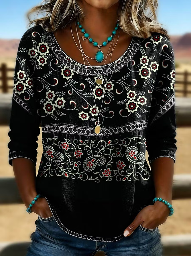 Women Floral Vintage Blouses Crew Neck Half Sleeve Summer Top-image-17150546