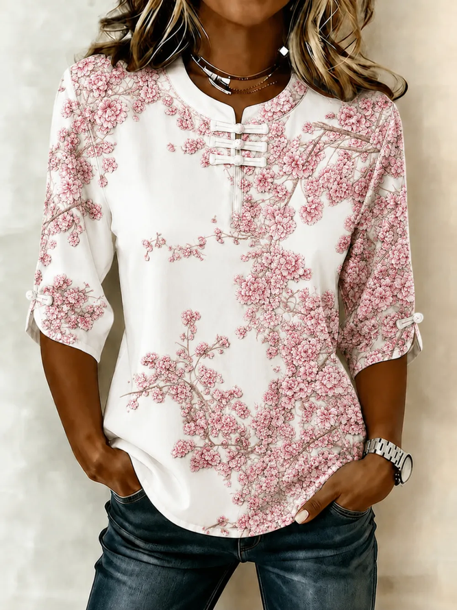 Women Floral Vintage Blouses Mandarin Collar Printing Half Sleeve Summer Top-image-17150781