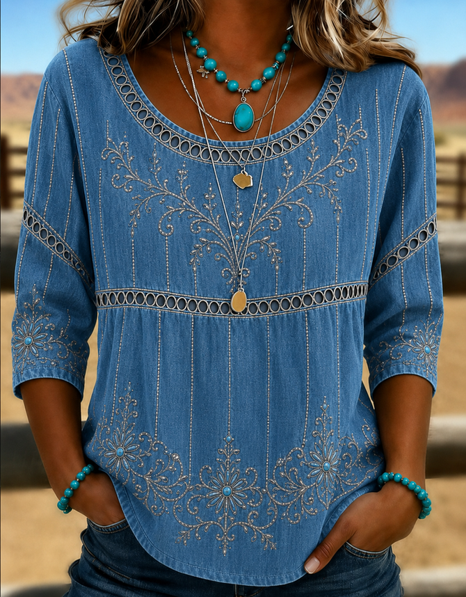 Women Floral Vintage Blouses Crew Neck Half Sleeve Summer Top-image-17150528