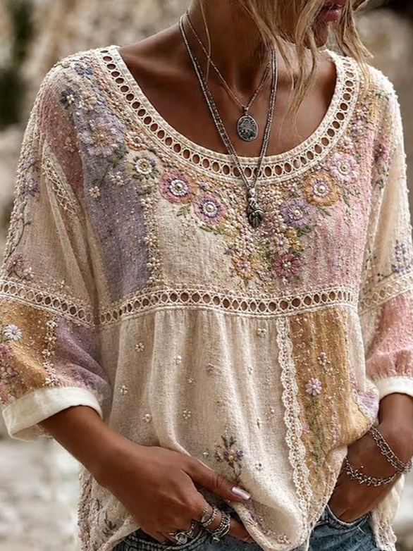 Side view of Women Floral Vintage Blouses Crew Neck Half Sleeve Summer Top