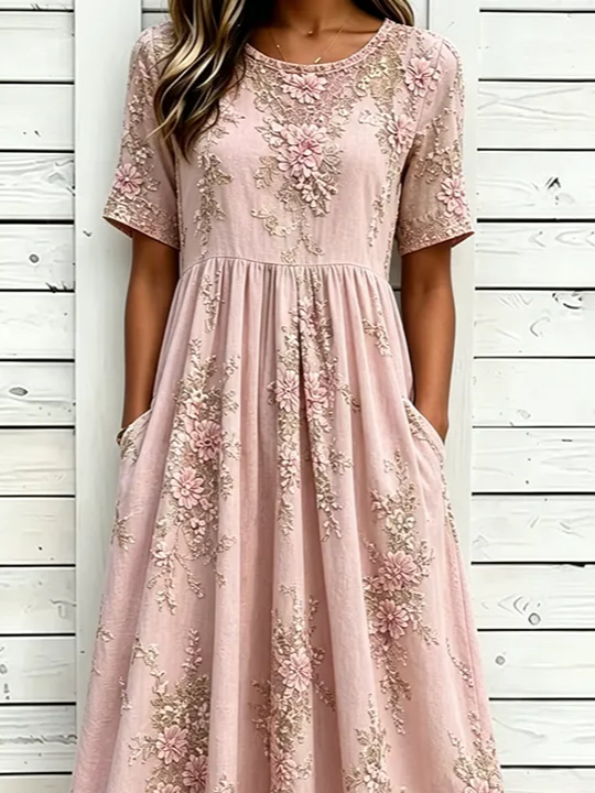 Side view of Women Floral H-Line Maxi Crew Neck Casual Summer Daily Dress
