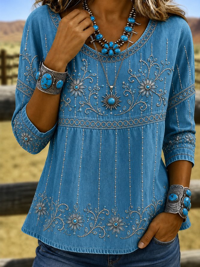 Women 3D Printing Vintage Blouses Crew Neck Half Sleeve Summer Top-image-17150516