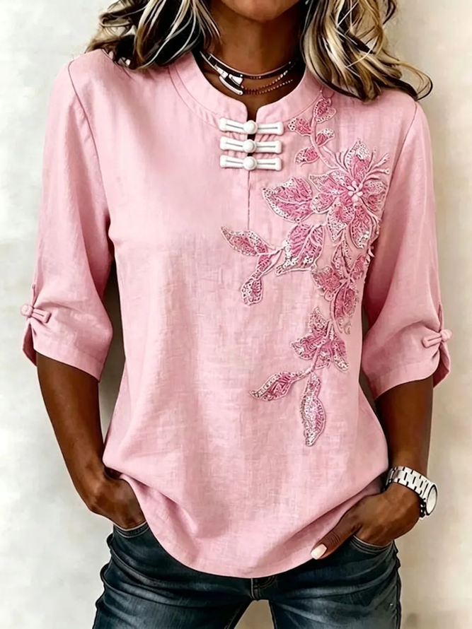 Side view of Women Floral Vintage Blouses Mandarin Collar Printing Half Sleeve Summer Top