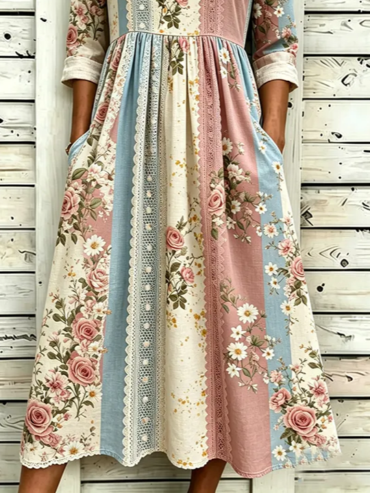 Side view of Women Floral H-Line Maxi Crew Neck Casual Summer Daily Dress