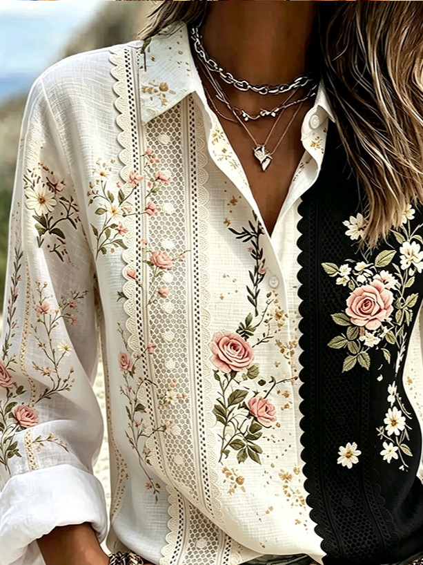 Side view of Women Floral Casual Shirts Shirt Collar Buckle Button Up Shirt Long Sleeve Spring/Fall Top