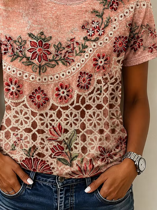 Side view of Women Floral Casual Short Sleeve Tee T-shirt Crew Neck Summer Printing Graphic Tee Top