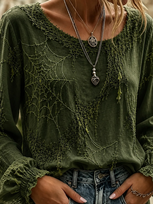 Side view of Women Halloween Vintage Blouses Crew Neck Printing Long Sleeve Spring/Fall Top