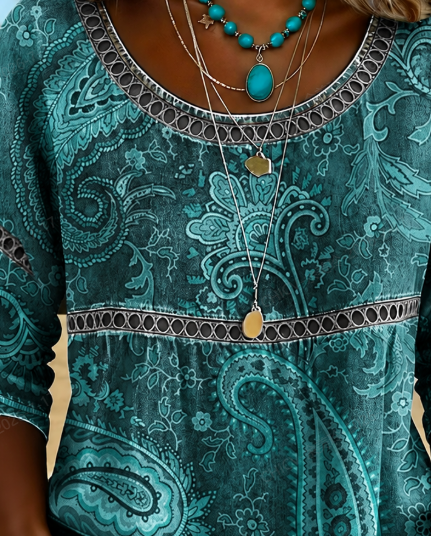 Side view of Women Floral Vintage Blouses Crew Neck Half Sleeve Summer Top