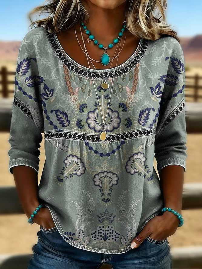 Women Floral Vintage Blouses Crew Neck Half Sleeve Summer Top-image-17150534