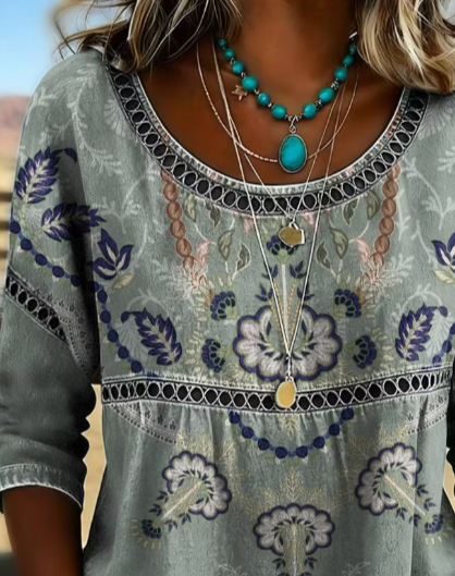 Side view of Women Floral Vintage Blouses Crew Neck Half Sleeve Summer Top