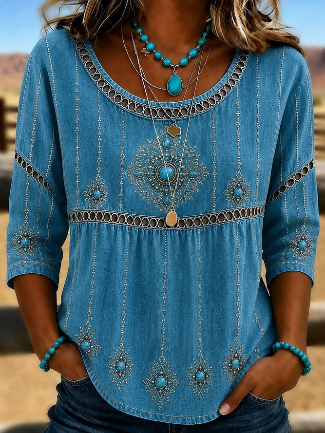 Women Floral Vintage Blouses Crew Neck Half Sleeve Summer Top-image-17150570