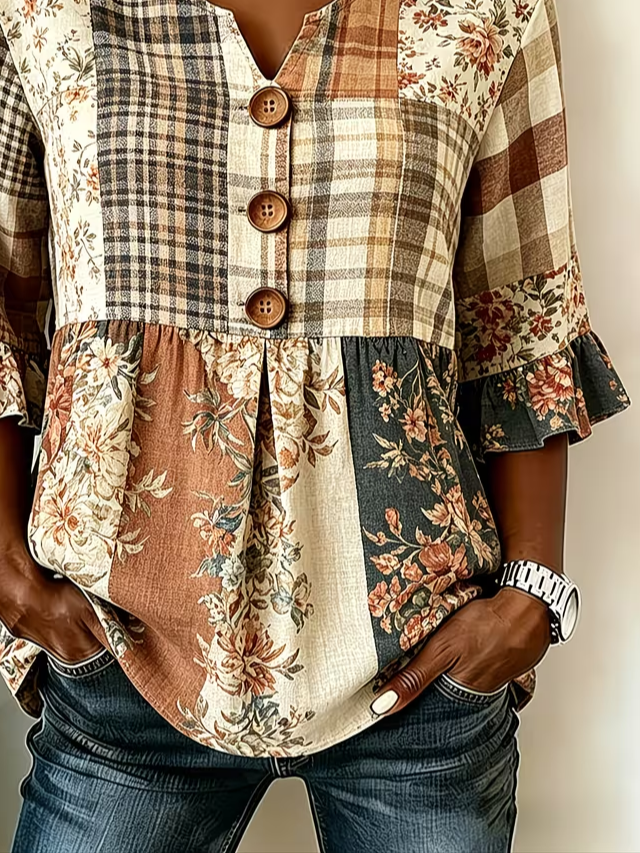 Side view of Women Floral Vintage Blouses V Neck Printing Half Sleeve Summer Top