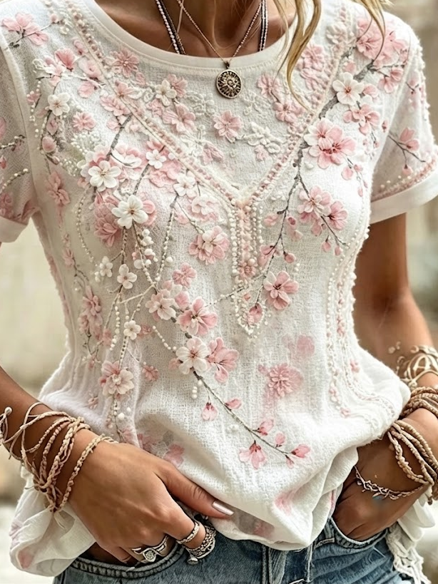 Side view of Women Floral Casual Short Sleeve Tee T-shirt Crew Neck Summer Printing Graphic Tee Top