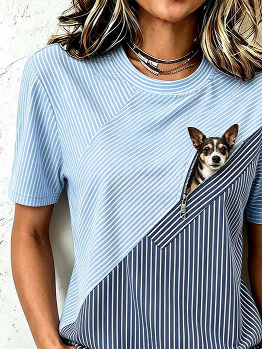 Side view of Women Striped Casual Short Sleeve Tee T-shirt Crew Neck Summer Printing Graphic Tee Top
