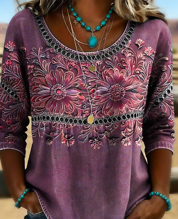 Side view of Women Floral Vintage Blouses Crew Neck Half Sleeve Summer Top