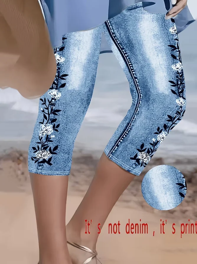 Women Floral Casual Capris Leggings Summer Pants-image-17150733